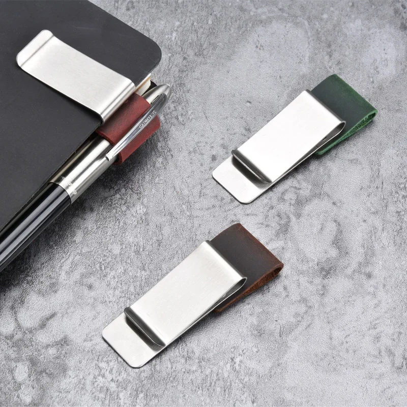 Fromthenon Metal Leather Pen Holder Brass Stainless Steel Pencil Clip Vintage Diary Notebook Pen Holder Loose Leaf Clip 6