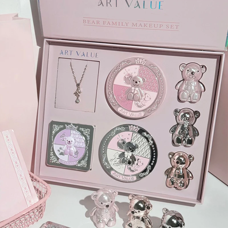 ART VALUE 7 juegos de maquillaje multiusos incluyen 3 barro labial mate, 1 polvo prensado, 1 rubor, 1 paleta de sombra de ojos y collar de regalo