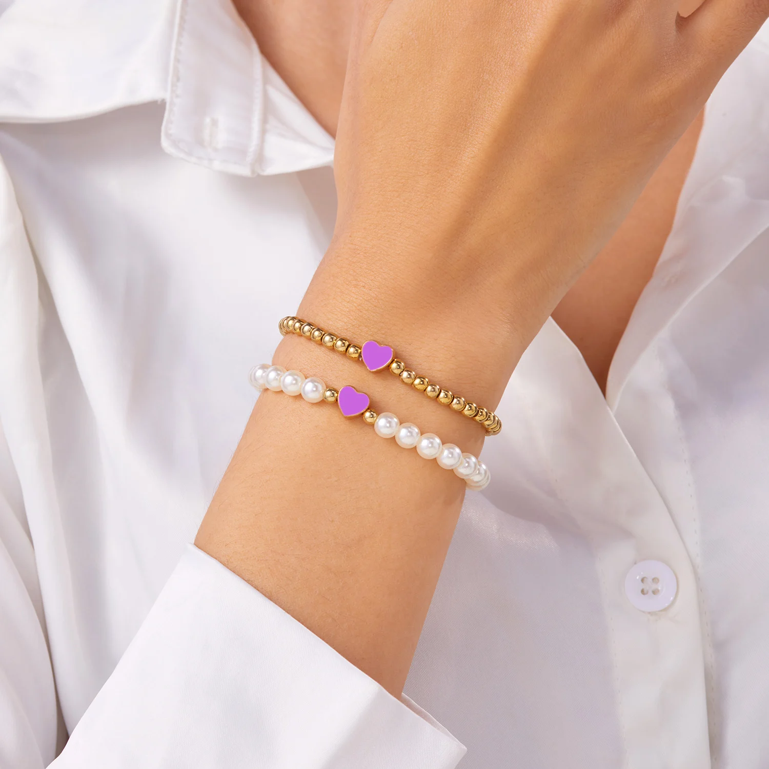 Doppelschichtige bunte Herz-Perlen-Armbänder für Frauen, elegante Imitationsperle, handgefertigte Armbänder, modischer Freundschaftsschmuck – Detail 8