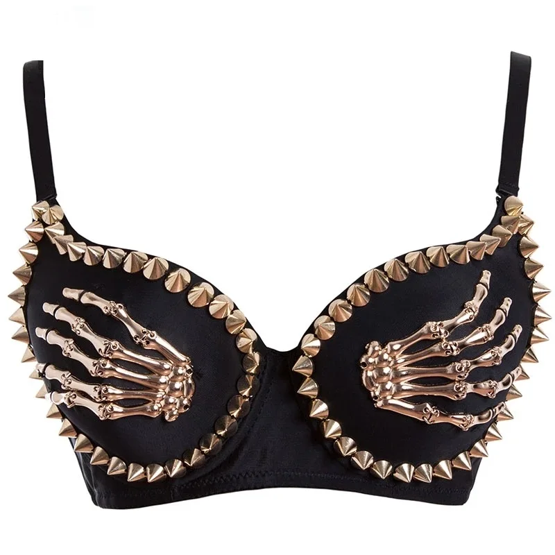

Gold Rivets & Skeleton Hand Cosplay Punk Rock Gothic Push Up Bra Top Sexy Bras For Women Party Nightclub Wear Pole Dance Clothes