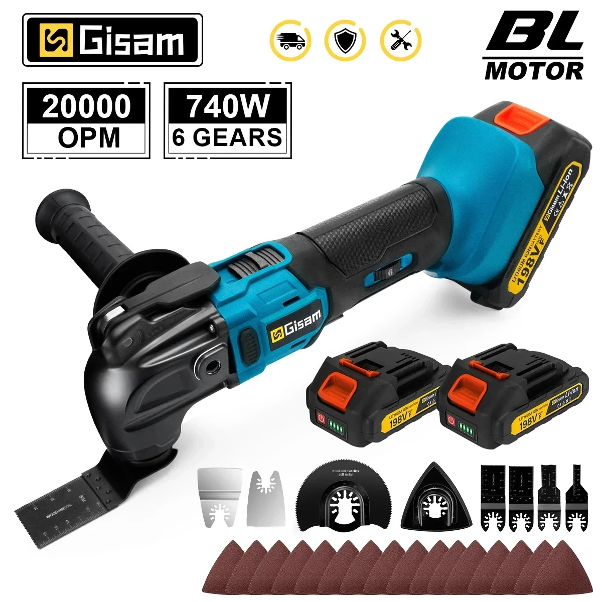 GISAM Brushless Oscillating Multi Tool 1420, 20000OPM 6 gears, electric saw trimmer and shovel, compatible with Makita 18V battery pin