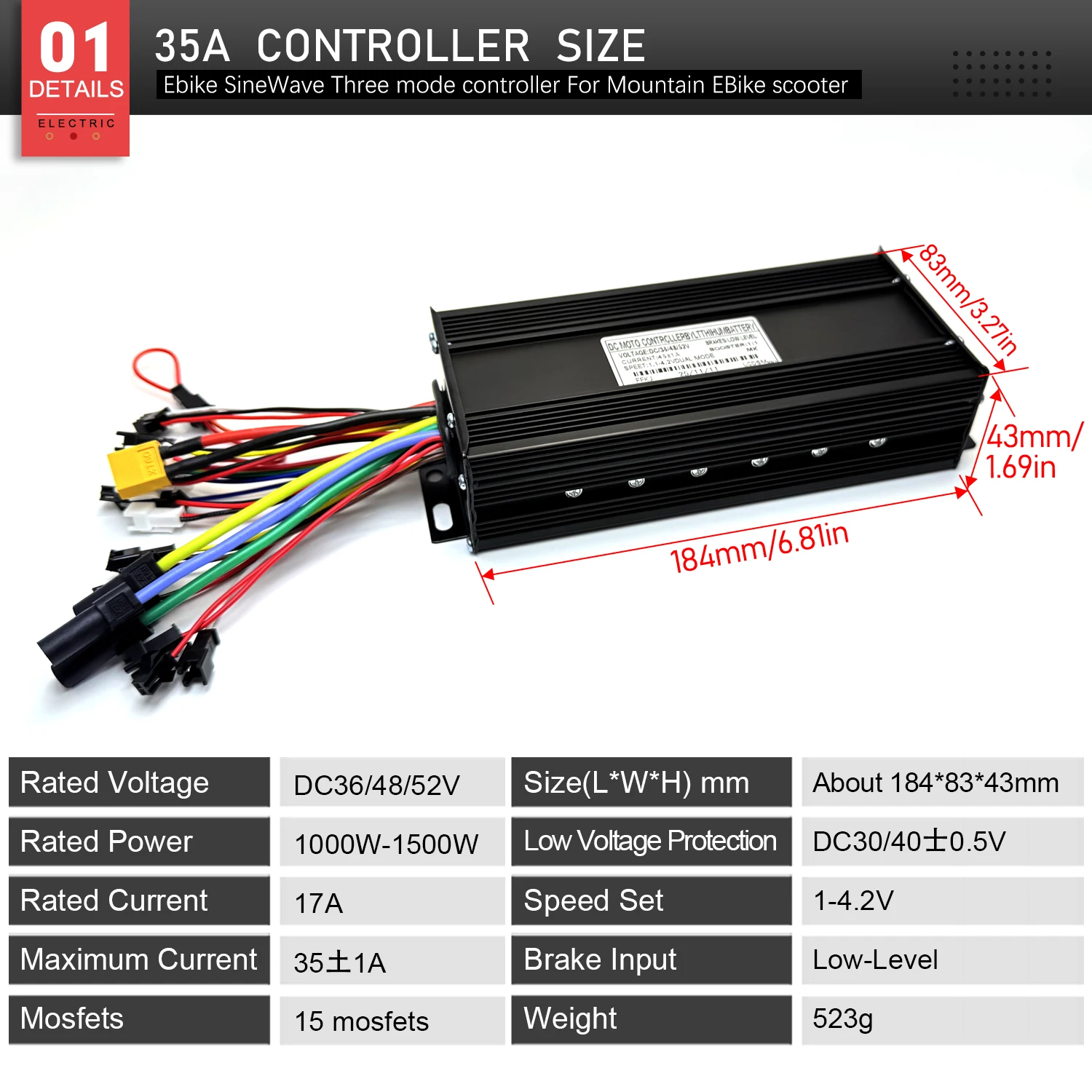 E-바이크 35A 브러시리스 모터 사인파 컨트롤러 24V36V48V52V 1000W1500W S966 NFC LCD 디스플레이(PAS 스로틀 키트 포함) 전동 스쿠터용