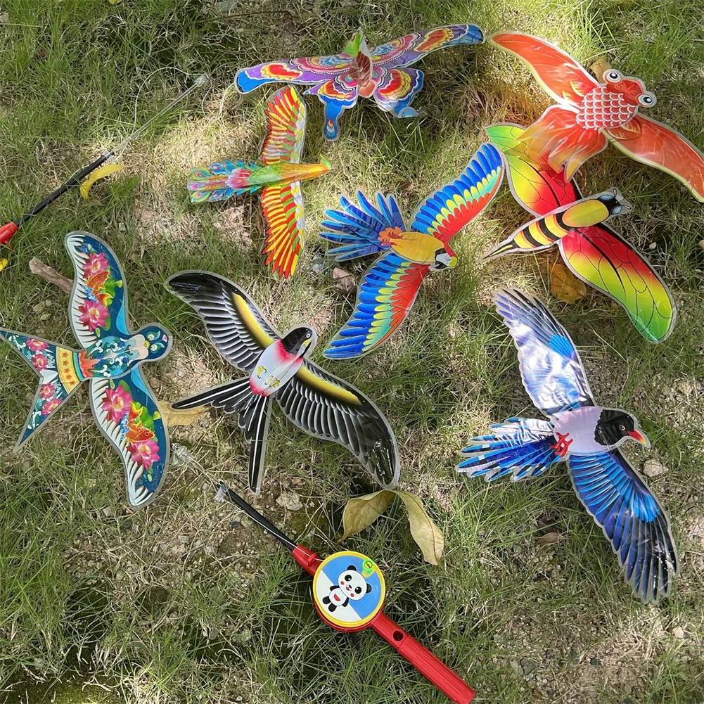 Mini Fishing Rod Kite for Kids Vivid Butterfly Swallow Parrot Easy to Fly Goldfish Kites for Toddler Outdoor Beach Park Beginner