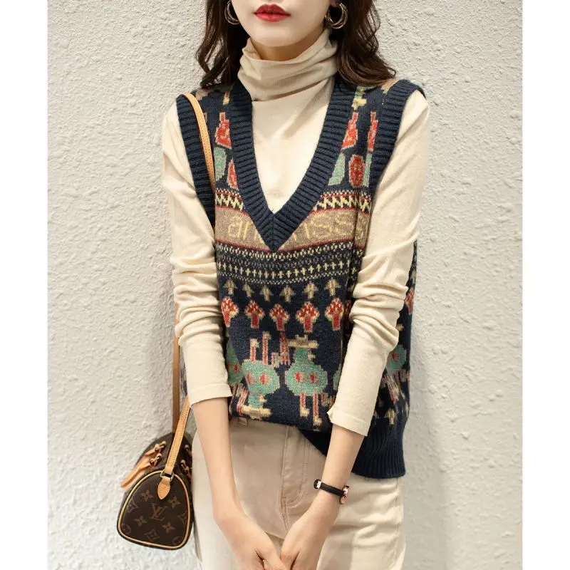 Autumn Winter New Fashion Printing High Street Sleeveless Sweater Vest Women High Street Casual Loose Embroidered Chic Pullover