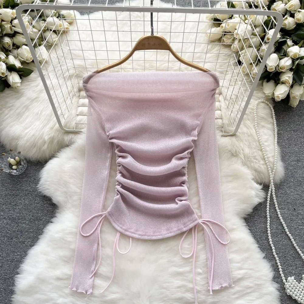 

Женские футболки с открытыми плечами и длинным рукавом, сексуальные блестящие шелковые сетчатые микропрозрачные топы, сезон весна-лето, Женская облегающая футболка на шнурке