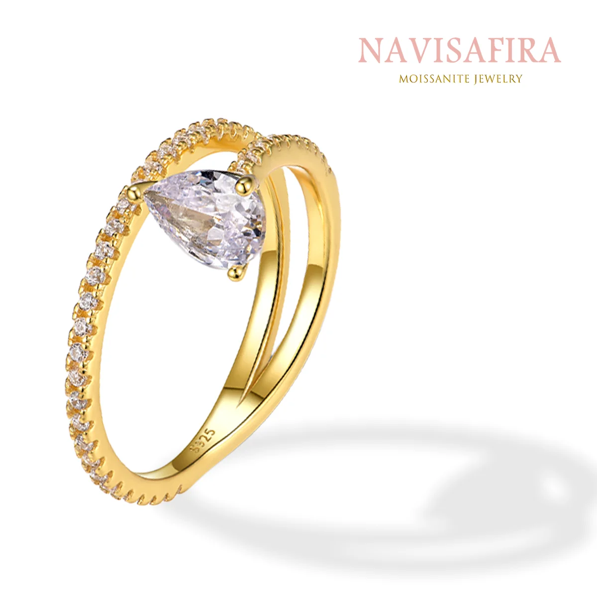 S925 Teardrop Moissanite Ring 0.8CT Pear Cut with CZ Accents Gold Plated Elegant Engagement Promise Jewelry