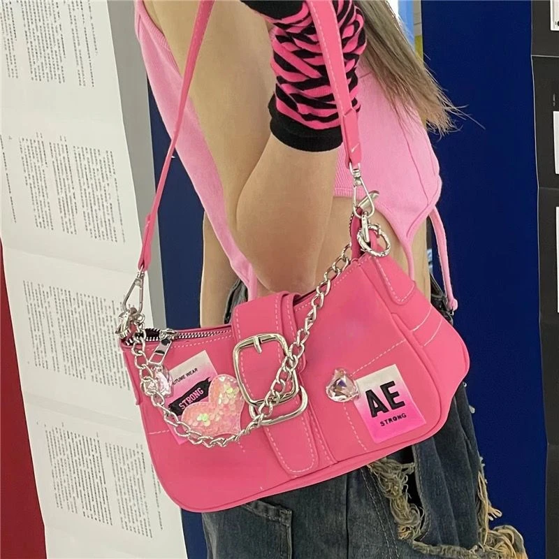 

Pink Sweet Cool Girls Chain Underarm Bag Cute Love Women's Y2k Small Shoulder Bags Matte Leather Female Square Purse Handbags
