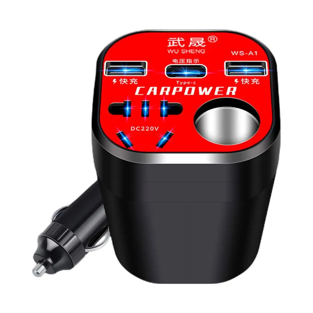 Autolader Poort Multifunctionele Cup Type Omvormer 12V/24V Naar 220V Type-C Snel Opladen 3 Usb-Poorten Socket