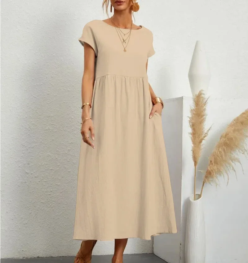 

Women's Elegant Solid Color Dress Summer Short Sleeve O-Neck Vintage Harajuku Cotton Linen Comfortable Loose Pocket Long Dress