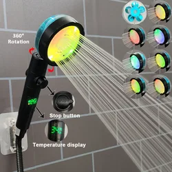 LED Digital Temperature Display Shower Head Black High Pressure Spray Nozzle Fan Propeller Rainfall Colorful Bathroom Shower