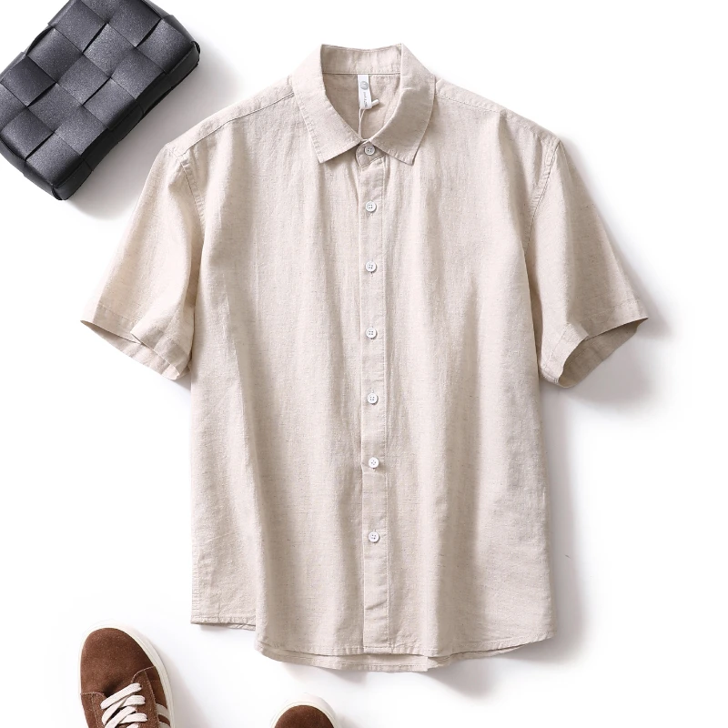 Summer Men's Clothing Light Cotton Linen Shirt Korean Solid Color Short Sleeve Button-down Retro Fashion Leisure Shirts