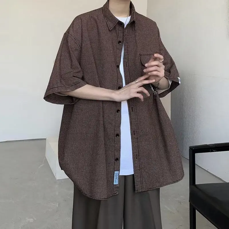 

E-BAIHUI Plaid Shirts for Men Short Sleeve Summer Vintage Style Male Clothing Tees Lapel Casual Japan Style Tooling Mens Shirts