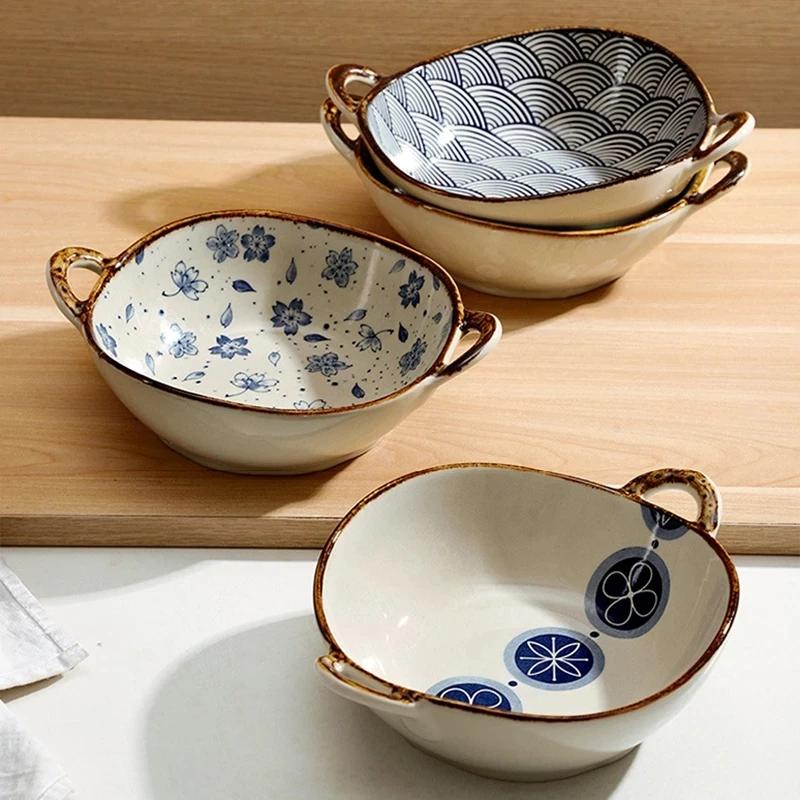 YWDL 700ml Ceramic Salad Bowl With Handle Kitchen Soup Noodle Bowl Fruit Plate Japanese Tableware Microwave Pan Dropshipping