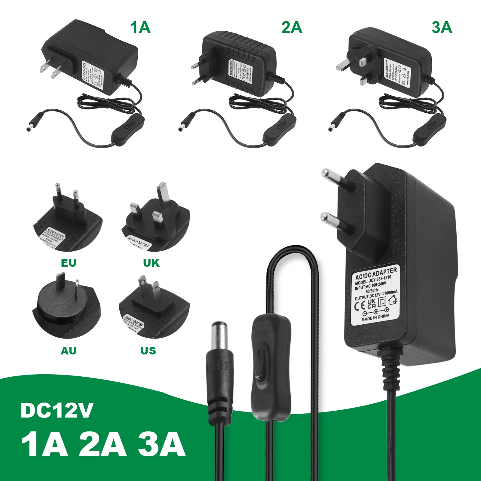 Universal Power Adapter with On/Off Switch - 12V DC Charger Converter, 100-240V AC Input