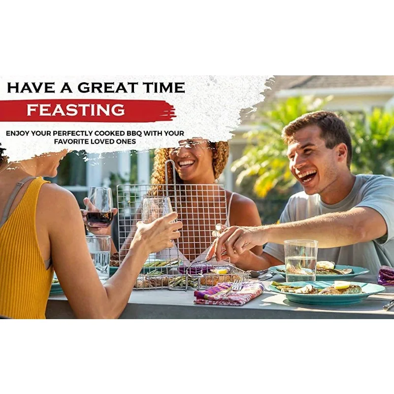 Description Picture 2 of itemBarbecue Grilling Reusable Meat Fish Clip Holder Wooden Handle Metal Grill Mesh Foldable BBQ Grill Mat Grilling Basket