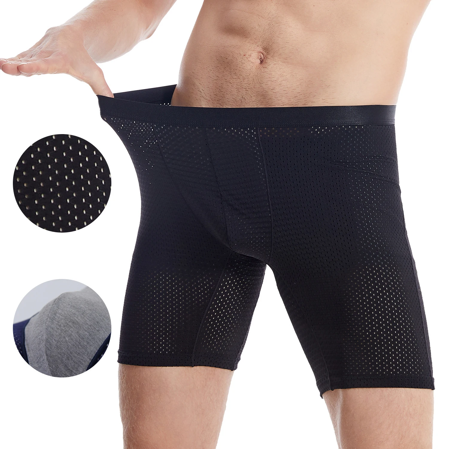 

6XL Mens Mesh Long Boxer Shorts Ice Silk Seamless Slip Fitness Sports Underwear Breathable Bugle Pouch Boxershorts Underpants