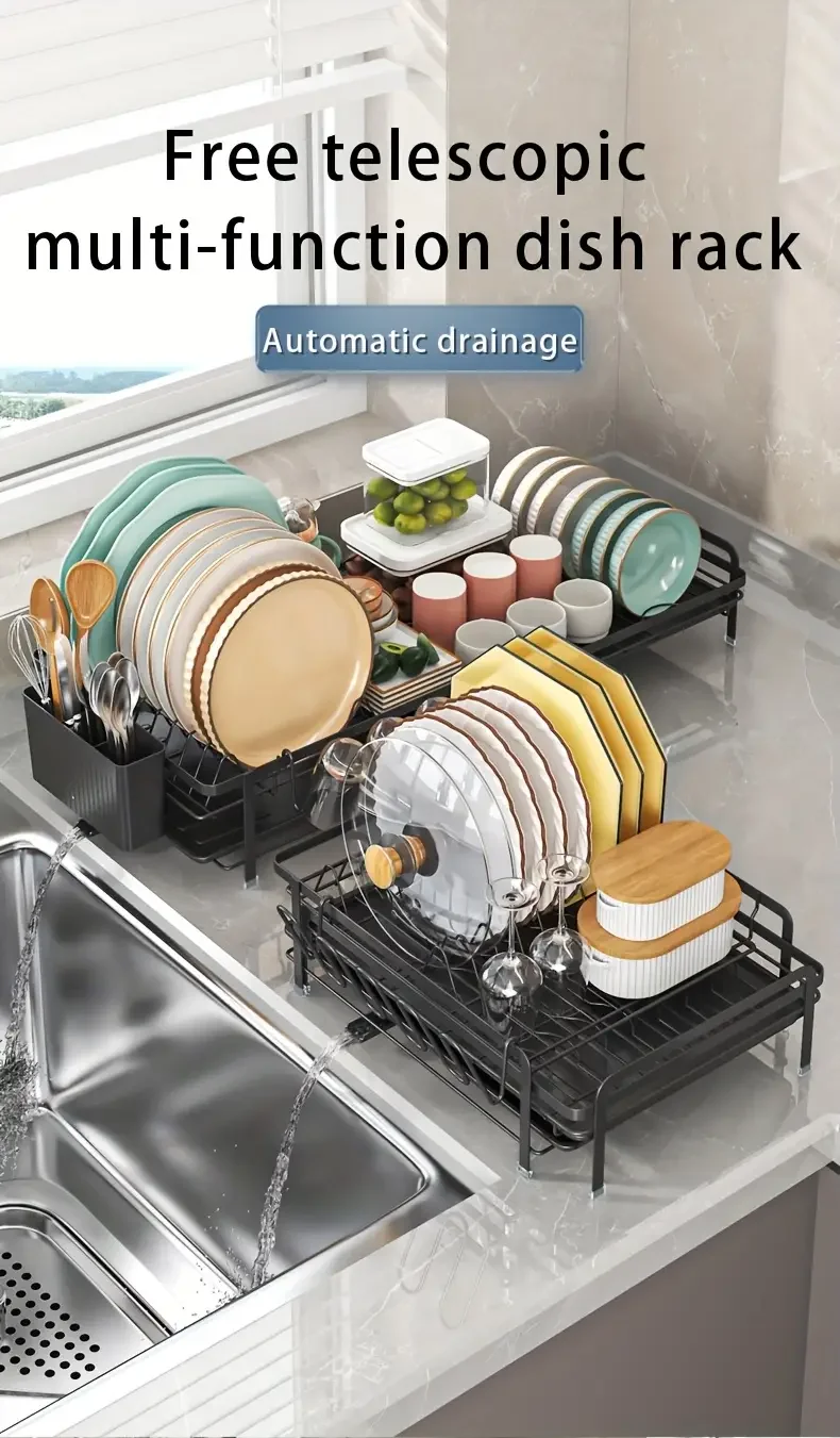 Expandable Dish Rack - Adjustable Kitchen Countertop Organizer with Utensil & Cup Holders