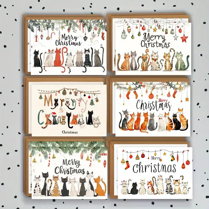 24/12PCS Christmas Greeting Cards with Envelope Cute Cat Xmas Thank You Card Cat Enthusiast Christmas Message Gift Card