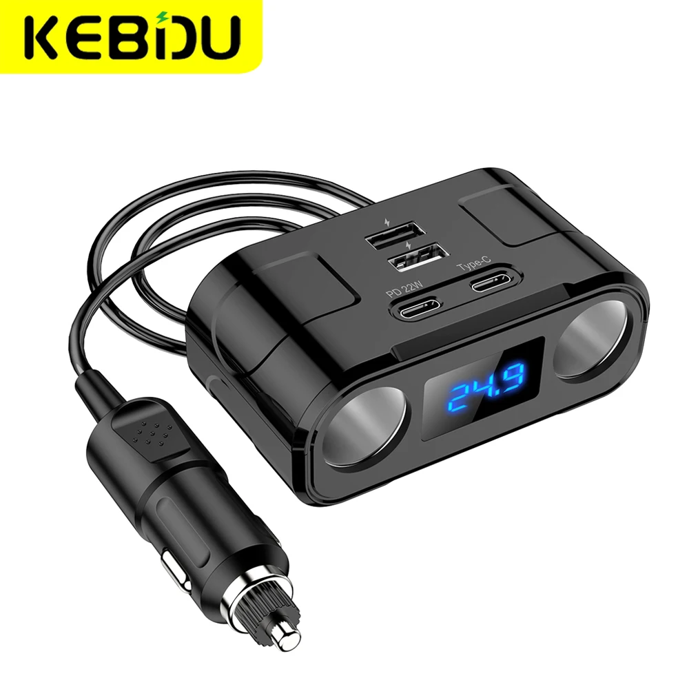 

60W Car Cigarette Lighter Socket Splitter Plug LED PD QC3.0 USB Fast Charger 4Port Socket 12V/24V With Voltmeter Extension Cable