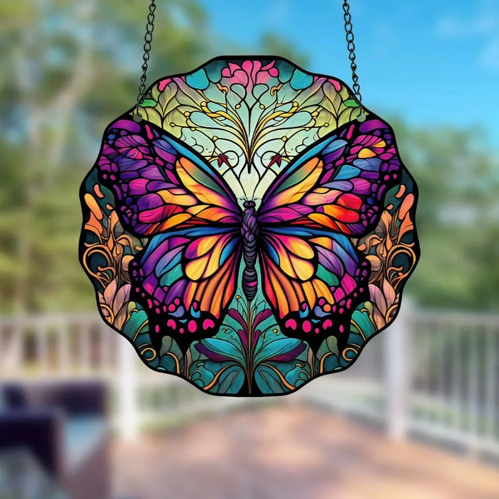 Round Butterfly Painted Window Decoration Wall Art Decor Window Hanging Suncatcher Exquisite Acrylic Hanging Wall Decoration Colorful Creative Stained Window Suncatcher