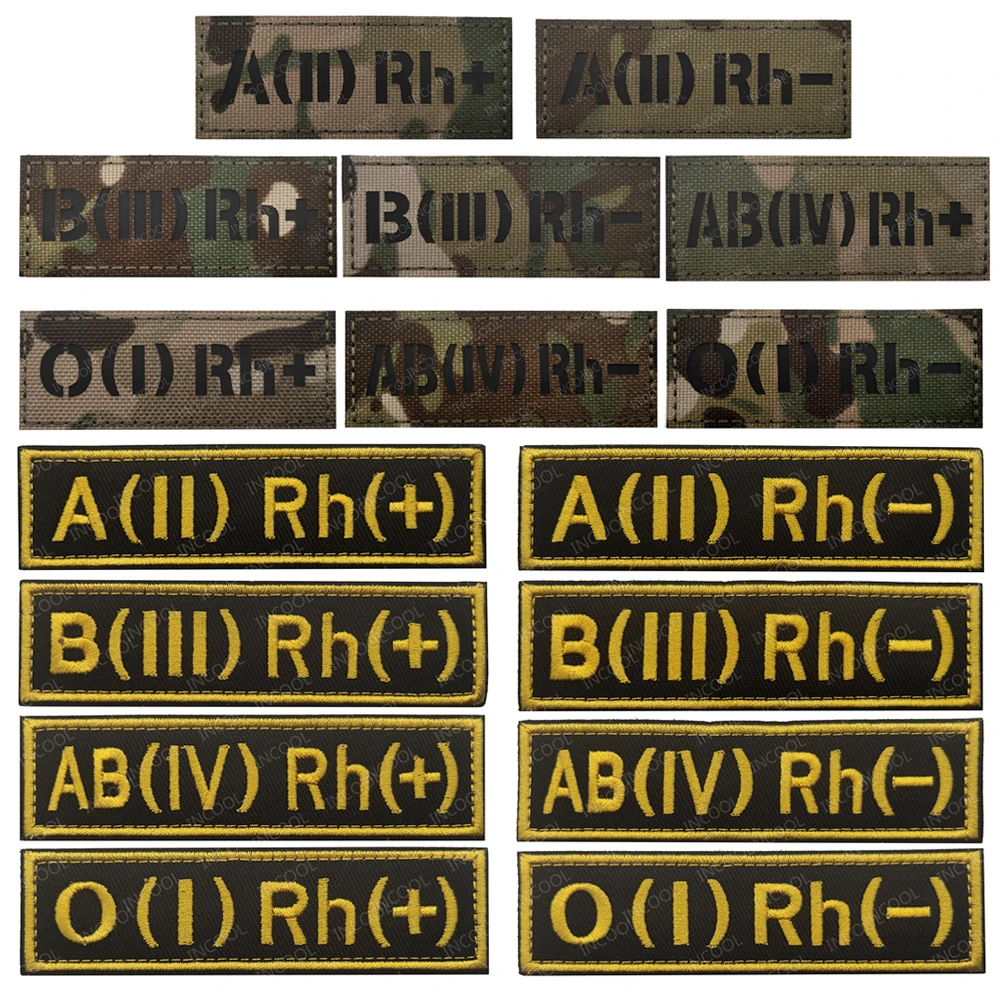 A B AB O Blood Type Group Positive POS Negative NEG Rh+ Rh- Infrared Reflective Patches Military Chevron Strip Embroidery Badges