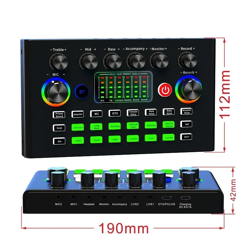 

F009 Audio Mixer Live Sound Card and Audio Interface with DJ Mixer Effects and Voice Changer Podcast Production Studio Equipment