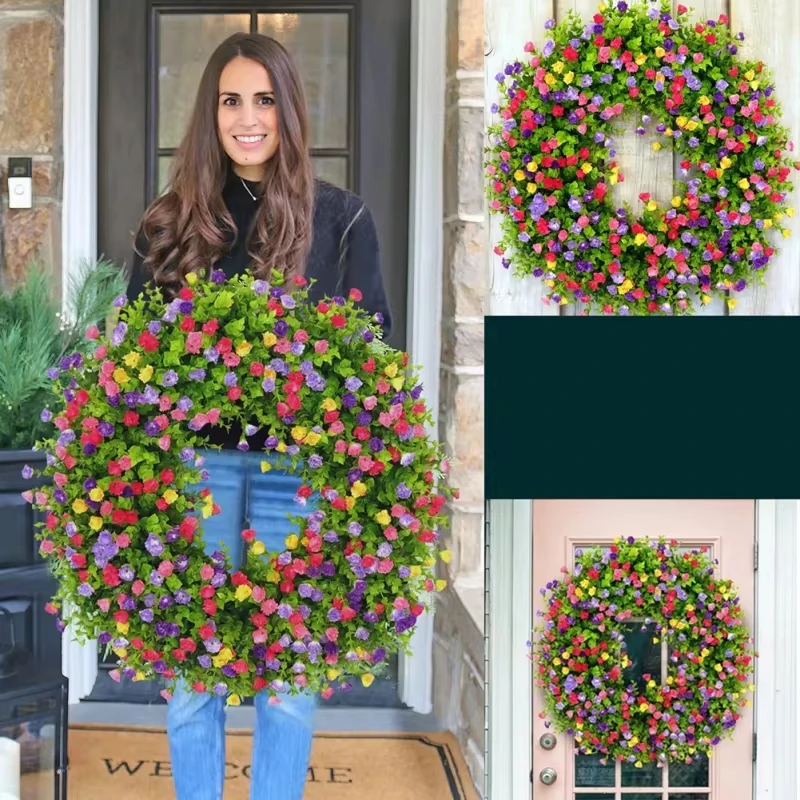 40cm Artificial Wildflower Wreath Handmade Colorful Floral Garland Spring Summer Background Wall Window Front Door Wedding Decor
