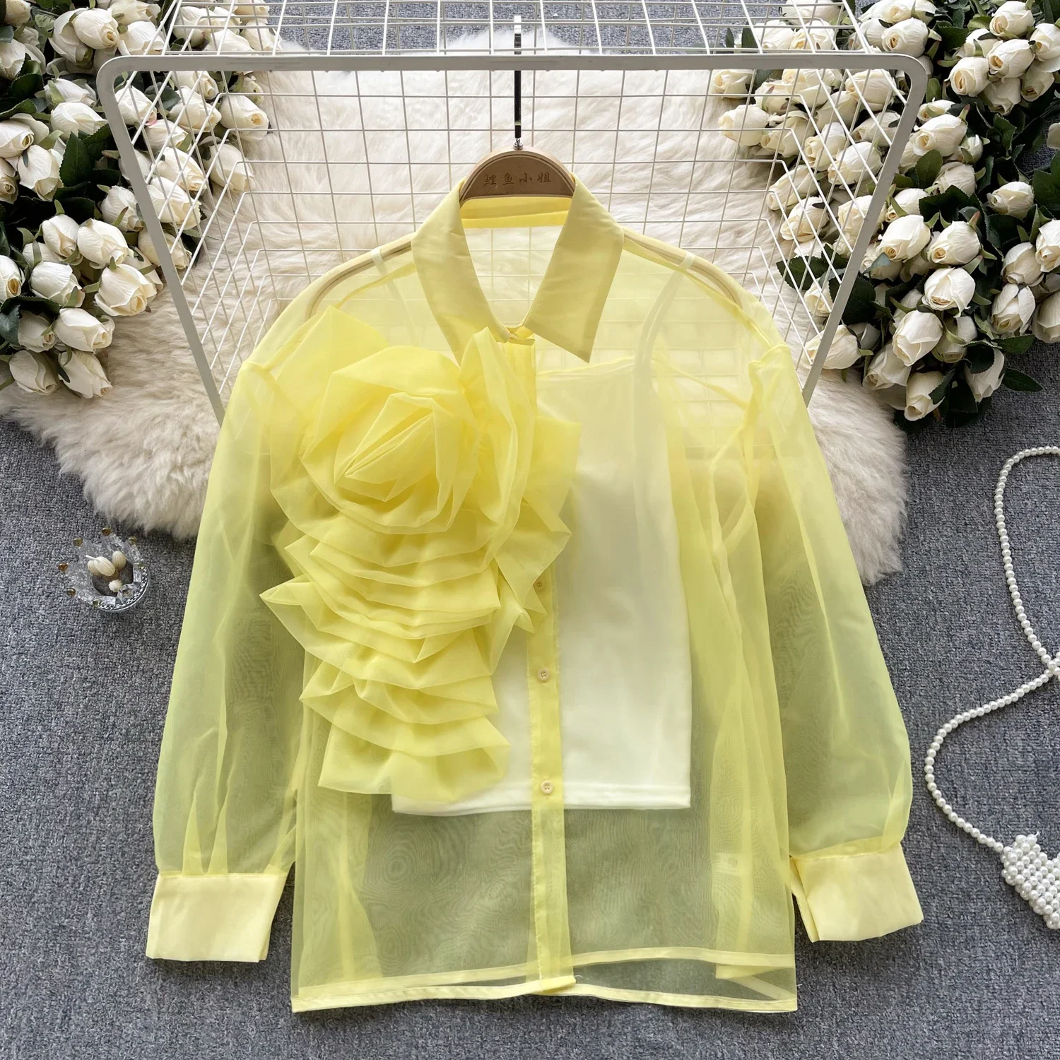 

Blouse Women Turn-down Collar Three-dimensional Floral Sheer Blusas + Sling Vest Solid Color French Chic Camisas Autumn Dropship