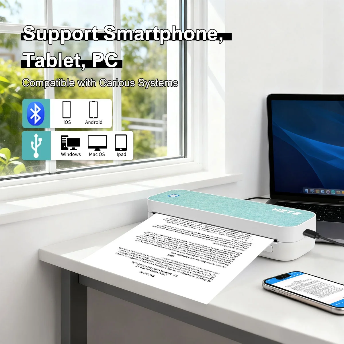 휴대용 A4 감열 프린터: 무선 블루투스, 휴대폰/PC/태블릿 호환, 652g 경량, 사무실, 여행, 타투 및 학습용