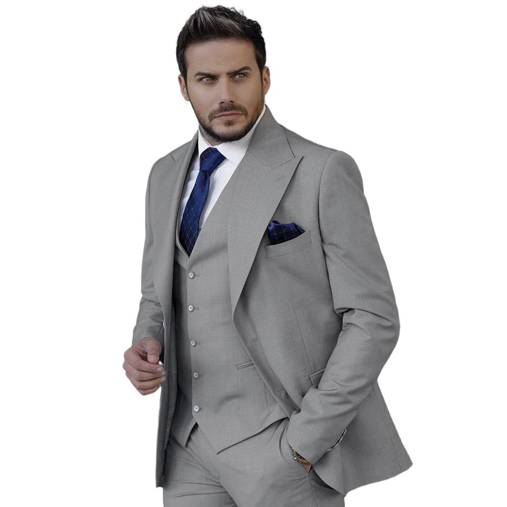 

Classic Gray Handsome Men Suits Slim Fit 3 Pieces Set/Formal Blazer Vest Pants Wedding Groom Male Wear Outfit/Business Clothes