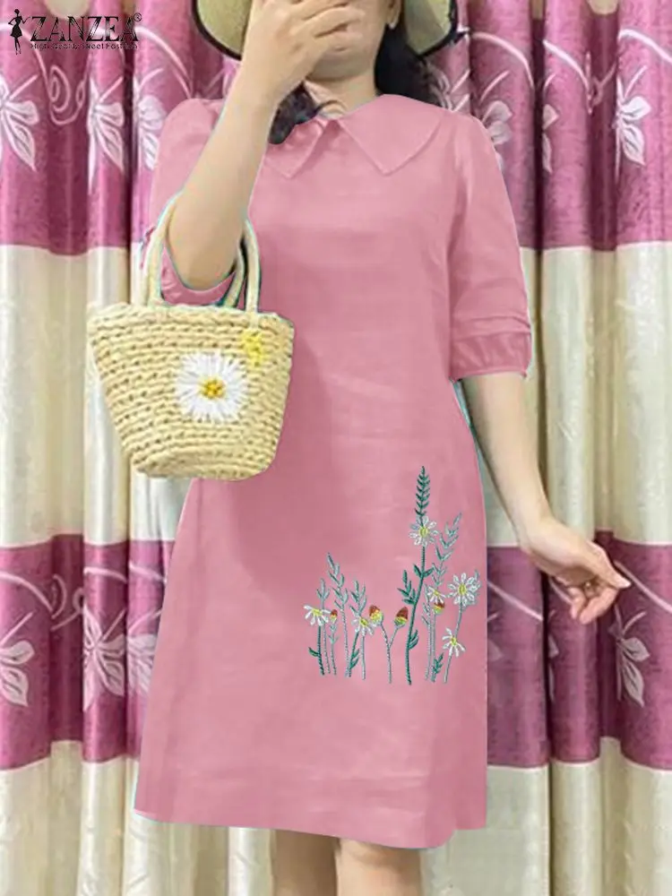 

ZANZEA Women Summer Dress Elegant Lapel Neck Short Sleeve Sundress Casual Floral Holiday Dresses Bohemain Vestidos Robe Femme