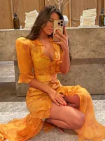 Robe décontractée imprimée pour femme, coupe ajustée, manches mi-longues, col en V, taille cintrée, avec volants, collection Printemps-Été 2026 3