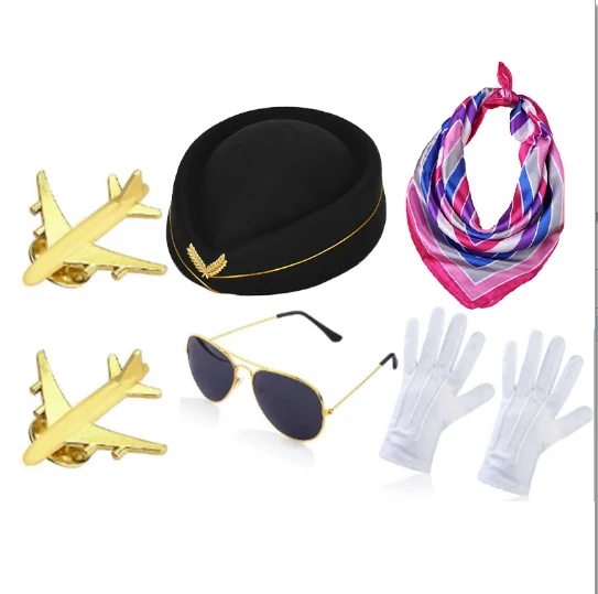 YANGSHINE Accesorios de disfraz de azafata para mujer, trajes de cosplay con sombrero de azafata, gafas de sol, bufanda, guantes y alfileres (azul YANGSHINE Accesorios de disfraz de azafata para mujer, trajes de cosplay con sombrero de azafata, gafas de sol, bufanda, guantes y alfileres (azul