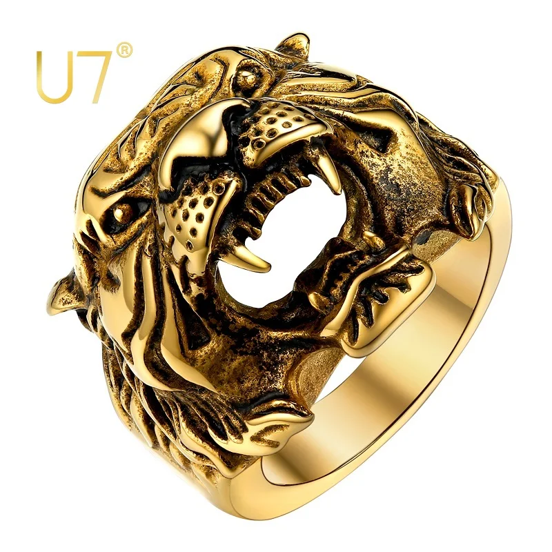 U7 Anello Testa Di Tigre In Acciaio Inossidabile Per Uomo Colore Oro Nero Retro Vintage Potente 3D Vivid Animal Symbol Rock Punk Jewelry