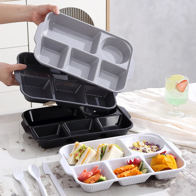 Portable 5 grids Meal Box Food Grade PP Rectangular Divided Lunchbox Separating Plates with knife fork spoon Dinnerware Set