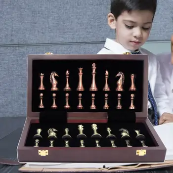Metal Chess Set Folding High-end Queens Wood Chessboard 11.81"x12.4" Classic