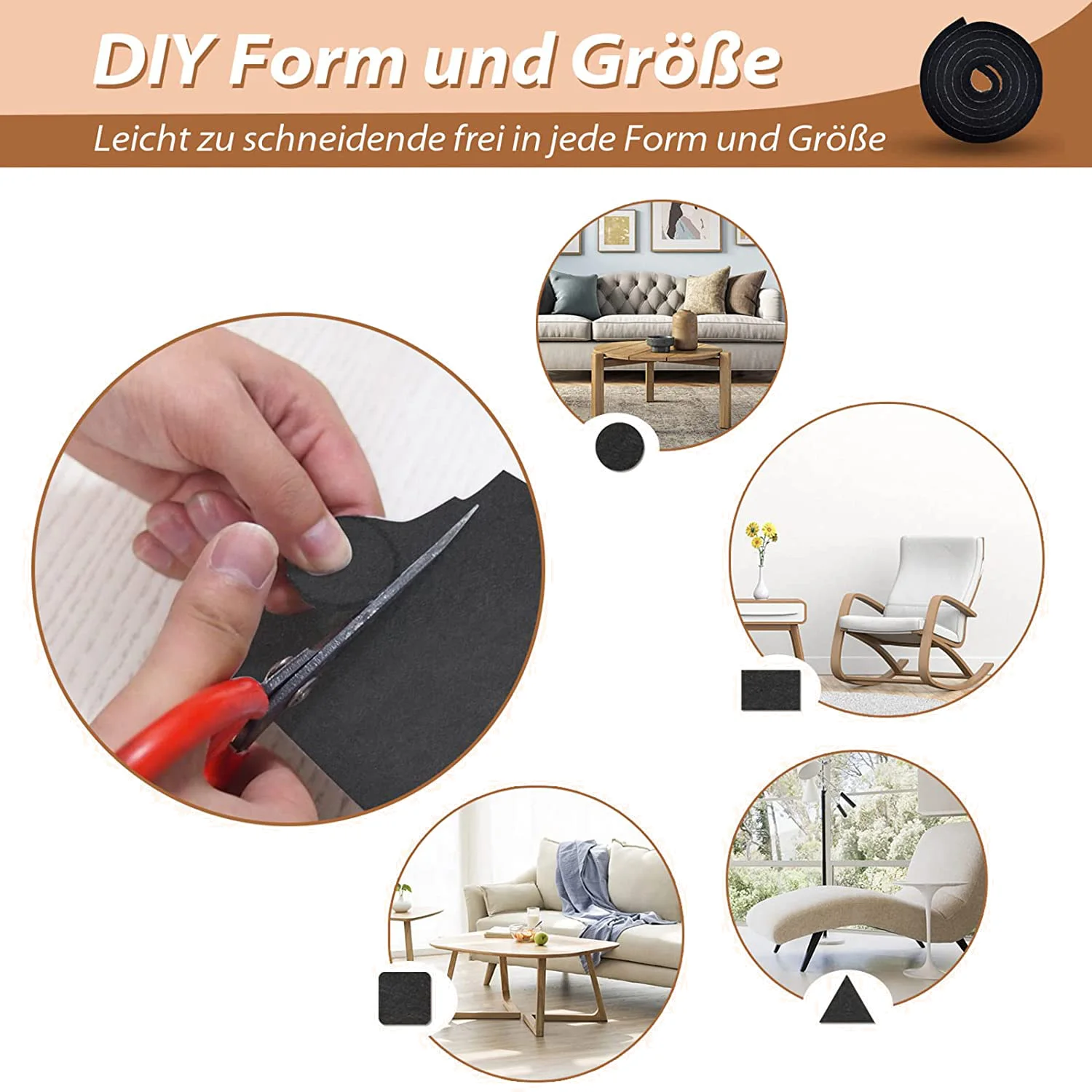 Self-Adhesive Felt Gliders 3 Rolls (100 x 10 cm + 100 x 5 cm + 100 2 cm) 5 mm for Chairs self adhesive felt gliders