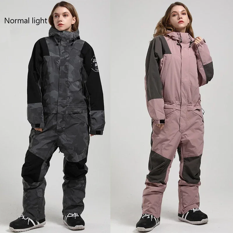 

2024 New Ski Suit Women Set Camouflage Hooded Waterproof Breathable Snowboard Jacket One-Piece Ski Suit Men Overalls