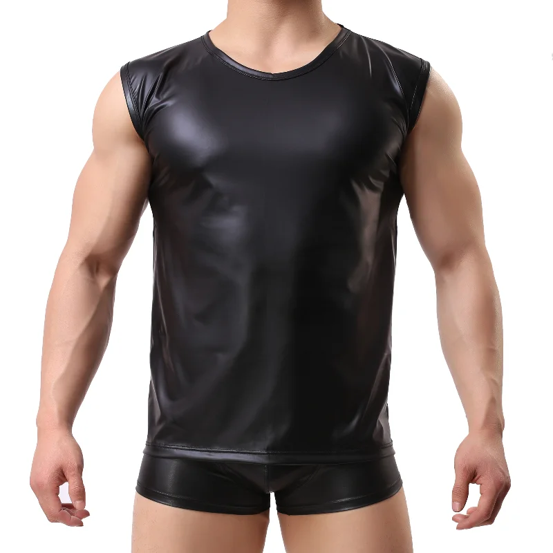 Sexy Mens Undershirts Sleeveless PU Leather T-shirts Slim Stage Nightclub Tank Tops Faux Leather Boxer Shorts Underwear