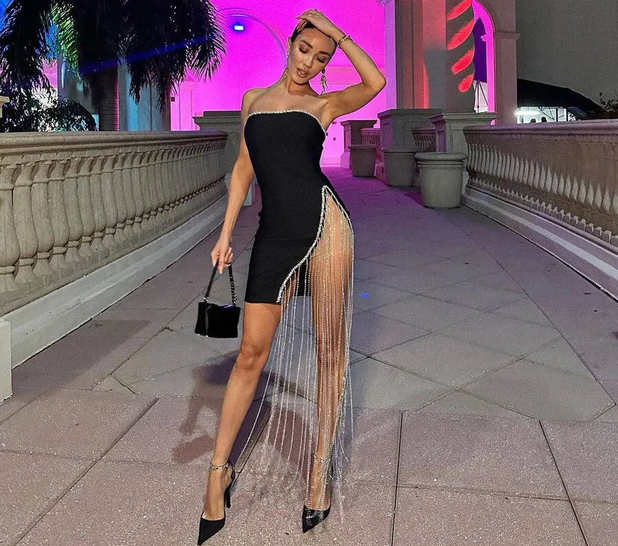 

Hotwife Summer Evening Club Party Dress Sexy Hot Strapless Diamonds Tassel Asymmetric Bodycon Mini Short Bandage Dresses
