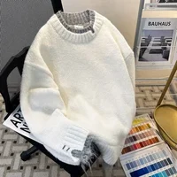 Casual Loose Knitted White Sweater for Men Autumn Winter Style Crew Neck Couple's Fashionable Lazy Two-Piece Look