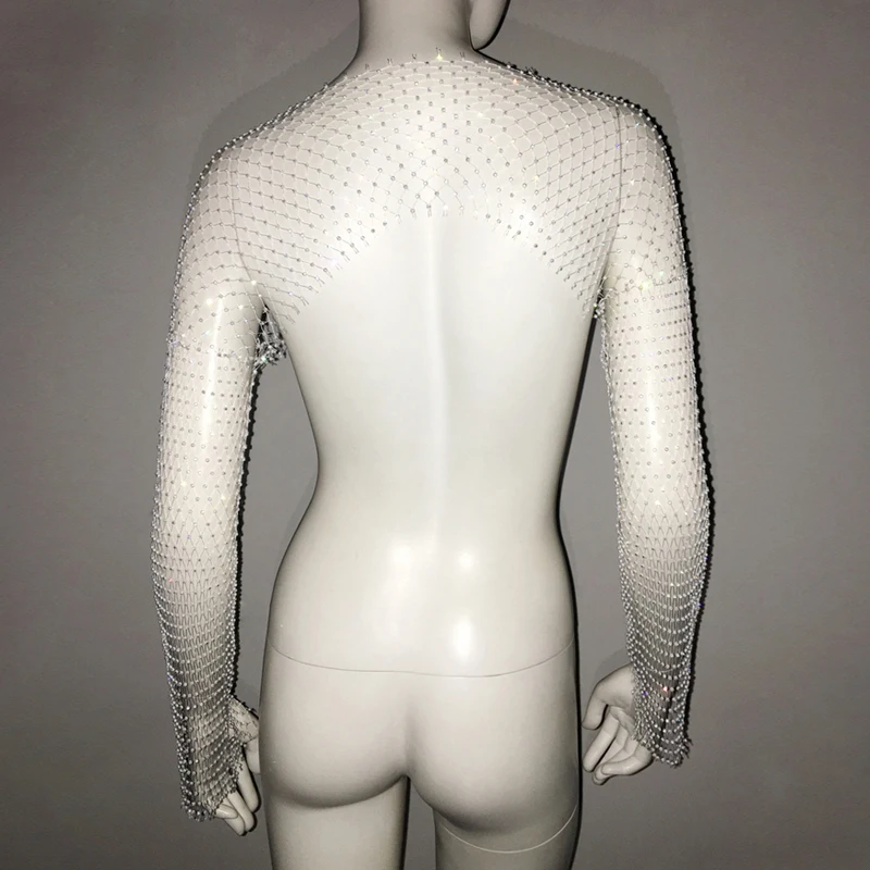 Durchsichtiges Netz-T-Shirt für Damen mit Strasssteinen, volle Ärmel, sexy, hohles Netz-loses Oberteil für Strandparty, Bikini-Vertuschung – Detail 11