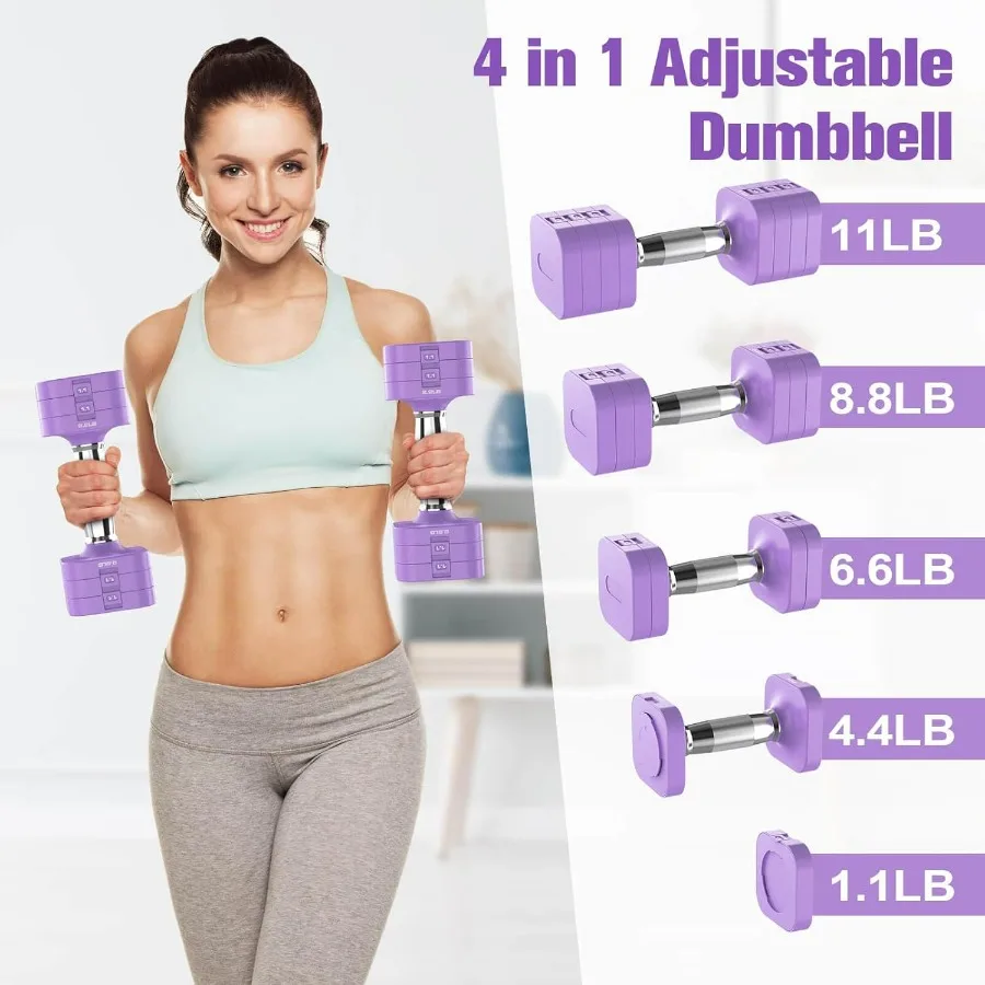 22LBS Adjustable Dumbbells Set, Adjustable Weight Dumbbells with 4 Levels 4.4lb, 6.6lb, 8.8lb, 11lb, Hand Weights Sets for Women