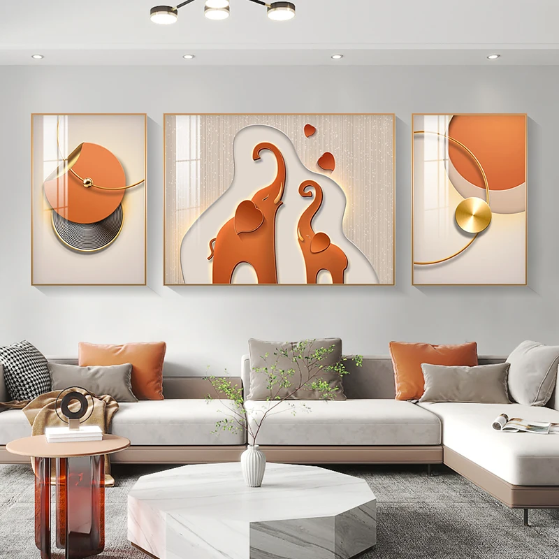 

i sofa background wall decoration painting, atmospheric high-end triptych, wall painting, elephant mural, living r