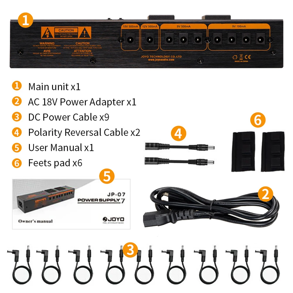 

JOYO Guitar Pedal Power Supply 9V/12V/18V AC Adapter 9 Isolated DC Outputs USB Outputs 1200W JP-07 Effect Pedal Power Supply