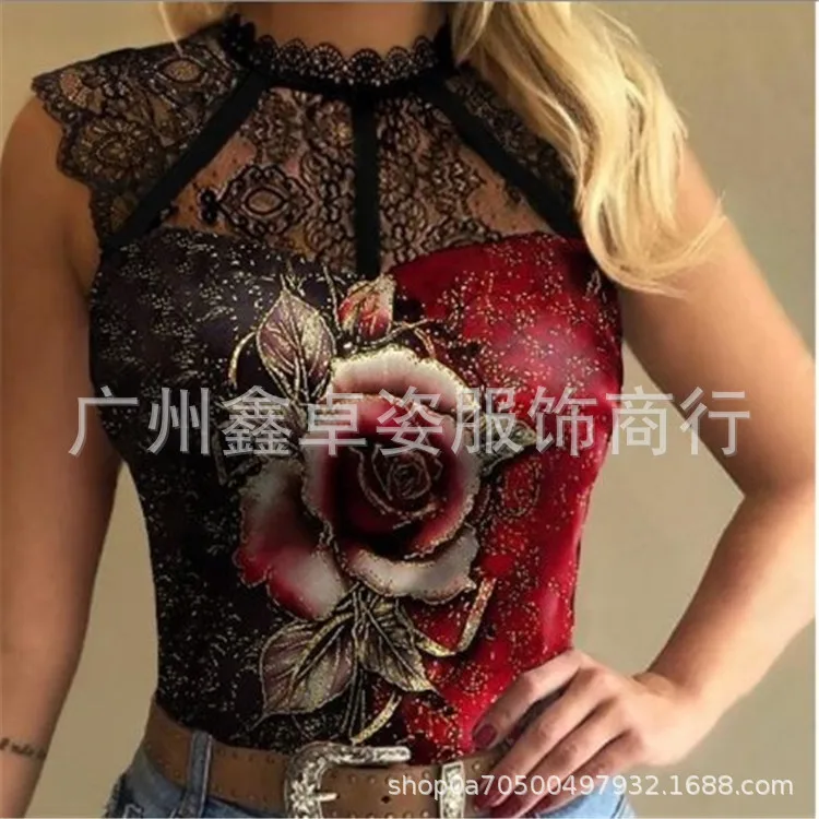

Women's T-Shirt Tops Summer 2023 New Casual Lace Splicing Floral Print T-Shirt for Women Sexy Slim Fit Sleeveless Tops Pullover