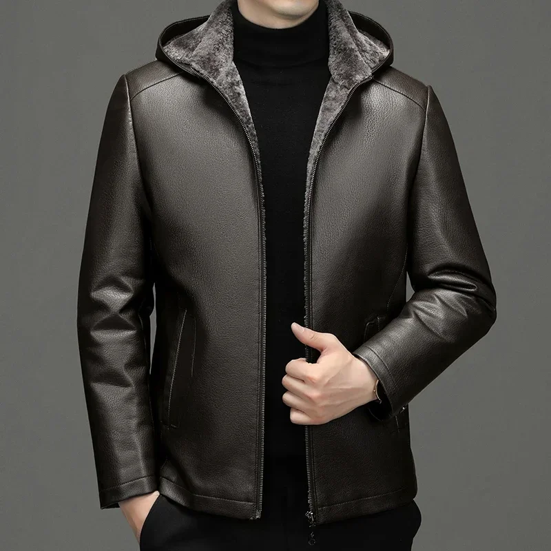 

YN-2267 Autumn And Winter Men's Coat Stand Collar Hooded Natural Sheep Leather Short Jacket Lamb Fur Youth Casual Wear