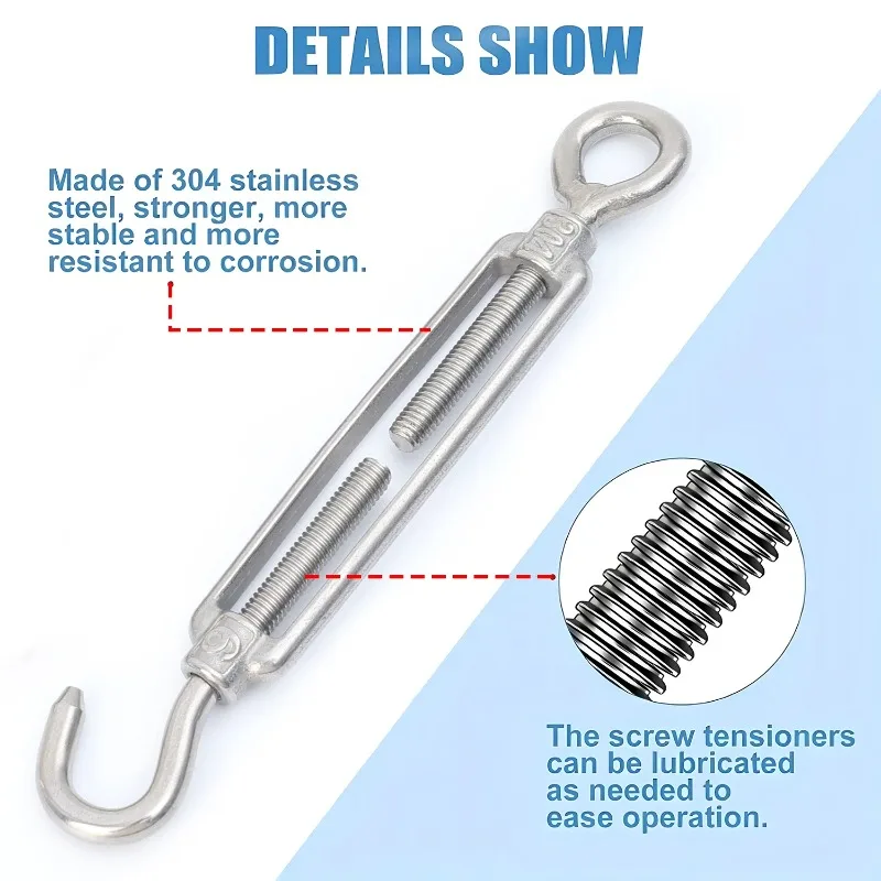 Qjaiune Set 6 Tenditori M4 In Acciaio Inox 304, Gancio-gancio, Lunghezza Regolabile 102-146 Mm, Carico 25 Kg, Per Tende Da Sole E Funi