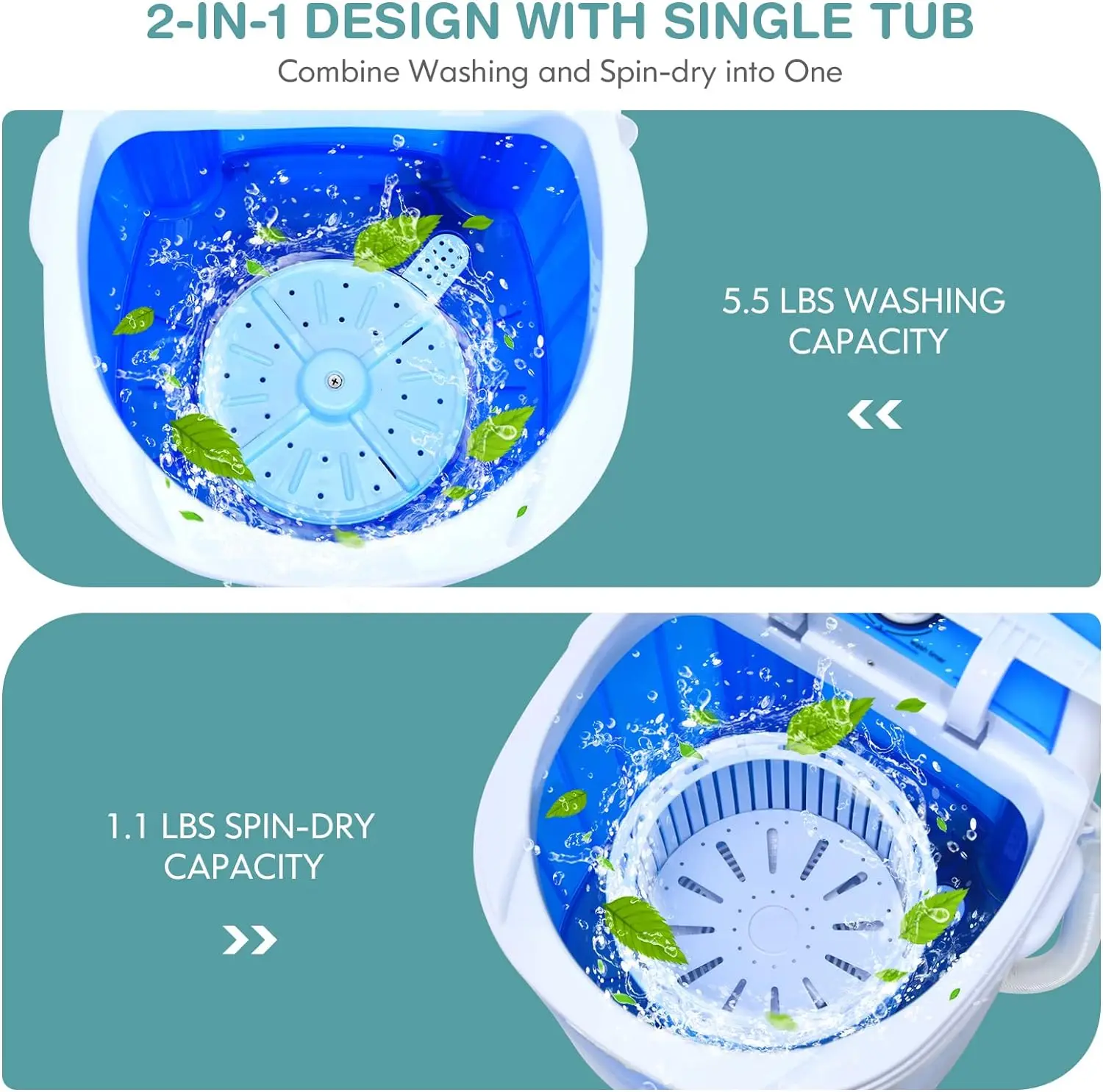 GX24977-PE, Mini Washer and Spinner Combo, 5.5lbs, Semi-automatic Compact Laundry Apartment Dorm RV Portable Washing Mac 4