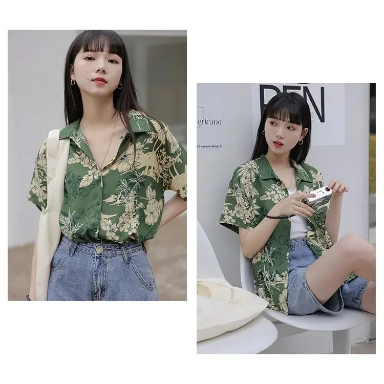 2023 Hawaiianisches grünes Retro-Blumenhemd für Damen mit frischem Design, Nische und einzigartigem Hongkong-Geschmack – Detail 7